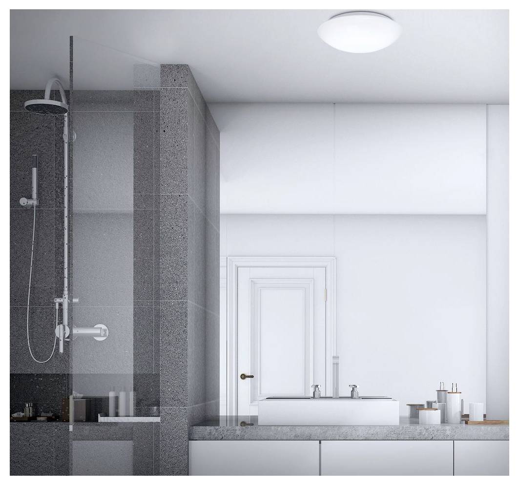 Modernes Badezimmer mit einer Glasdusche auf der linken Seite und einem Doppelwaschbecken mit Spiegel auf der rechten Seite, in Grau- und Weißtönen.