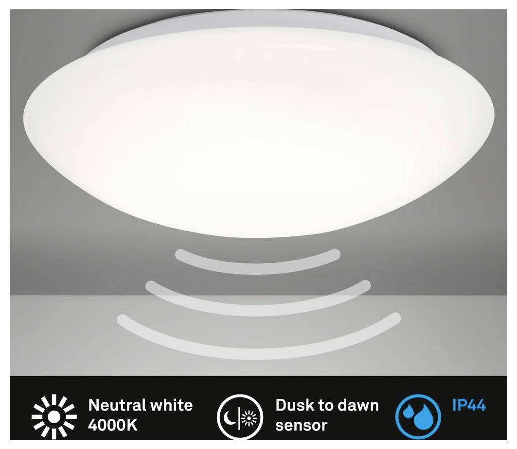 Runde LED-Deckenleuchte mit Dämmerungsschalter, Neutralweiß 4000K, IP44-Schutzart.