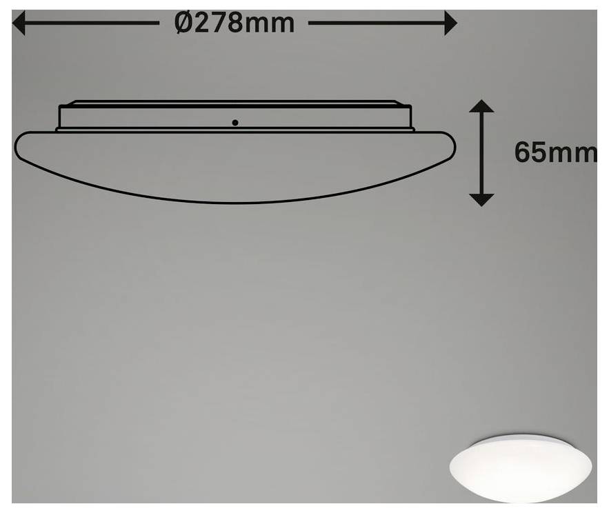 Diagramm einer Deckenleuchte mit Abmessungen: 278 mm breit und 65 mm hoch, mit einem kleinen Leuchten-Bild unten rechts.