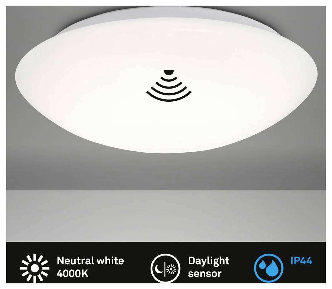 Deckenleuchte rund mit Tageslicht-Sensor, gekennzeichnet mit Neutralweiß 4000K und IP44.