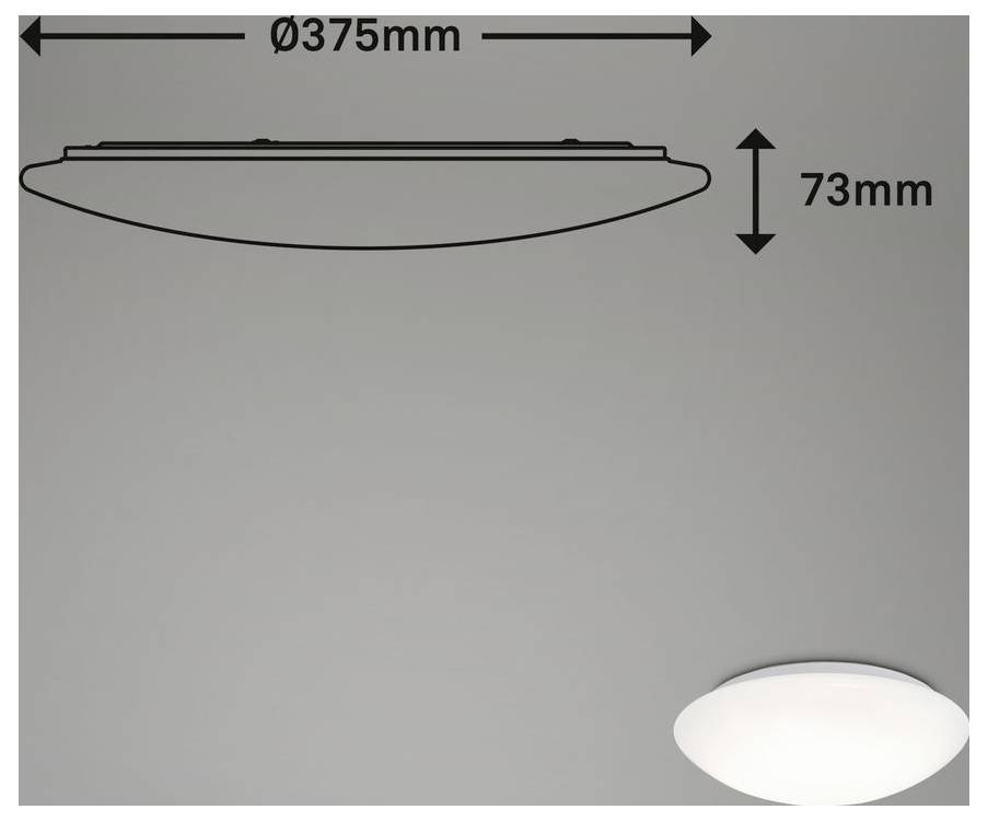 Deckenleuchten-Abmessungsdiagramm mit einer runden Leuchte, 375 mm breit und 73 mm hoch, mit Seitenansicht und Installationsansicht.