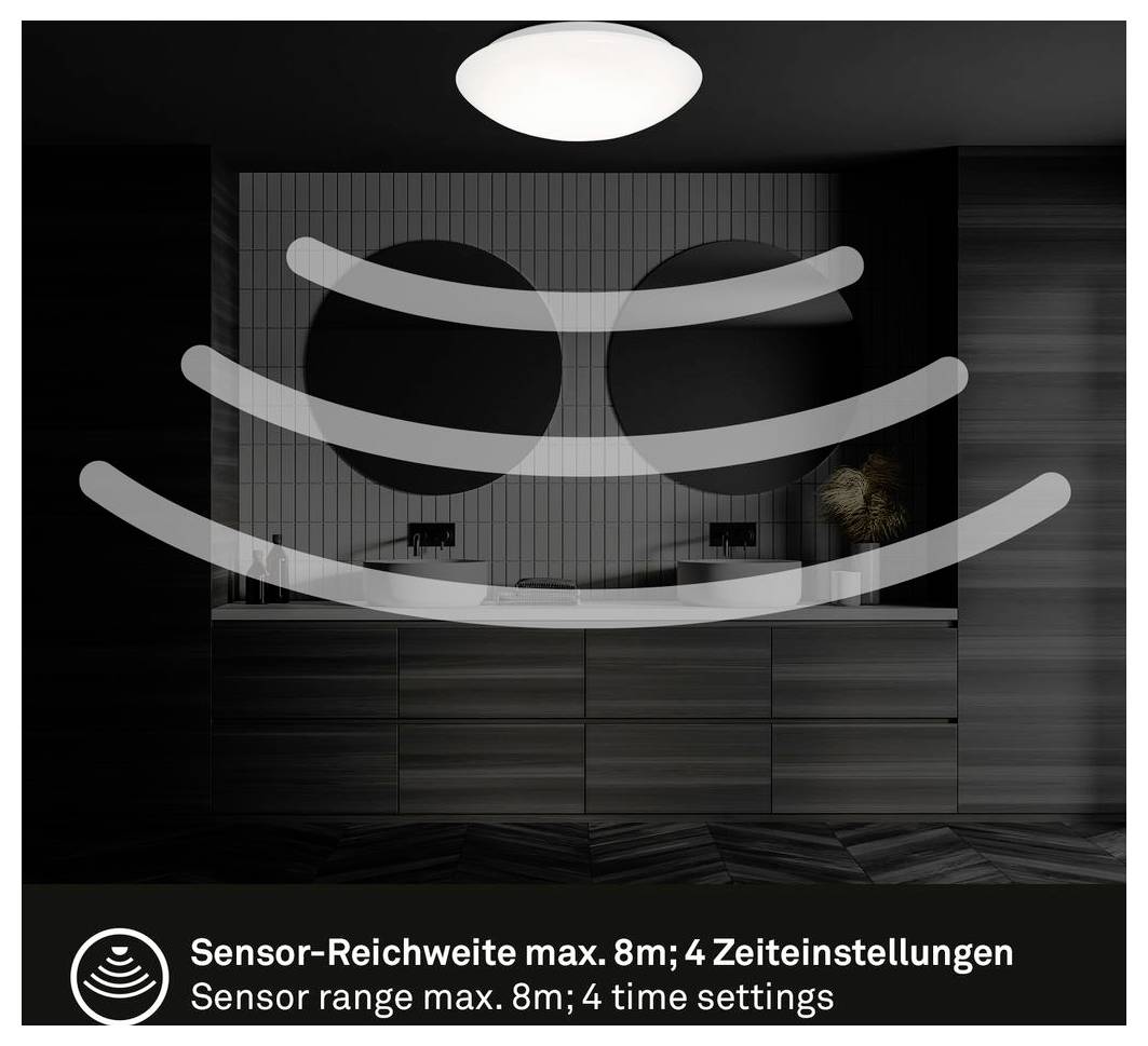 Grafik eines Sensorlichts mit Erkennungszonen und dem Text „Sensorreichweite max. 8m; 4 Zeiteinstellungen