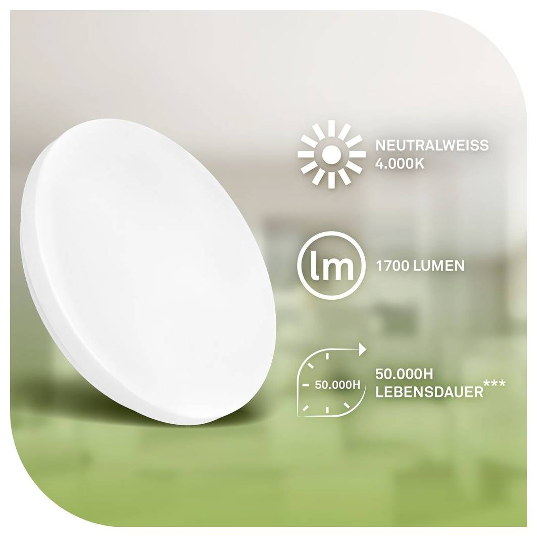 Runde weiße LED-Deckenleuchte mit Symbolen für neutralweiß 4000K, 1700 Lumen und 50.000 Stunden Lebensdauer.
