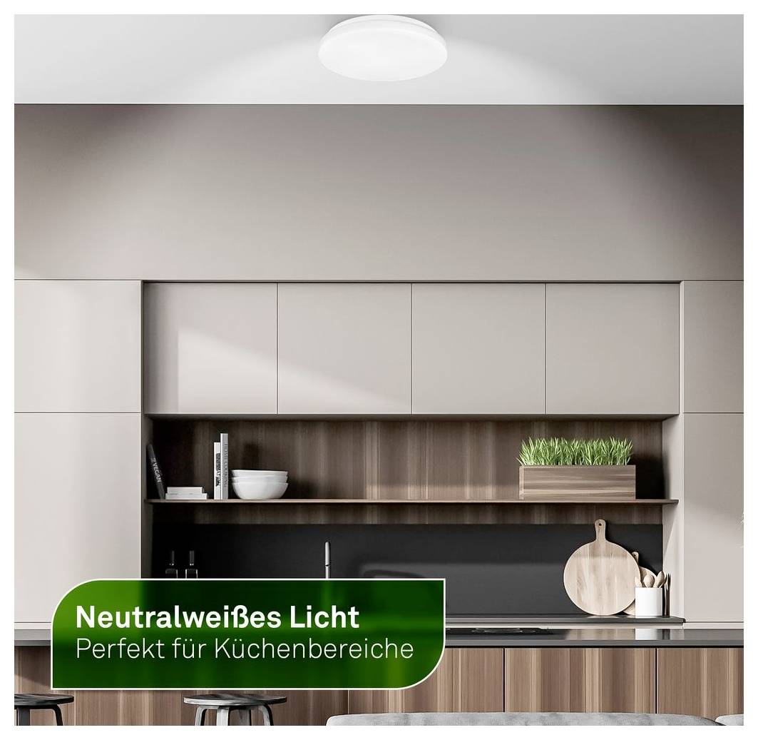Moderne Küche mit neutralweiß Beleuchtung; grünes Etikett liest „Neutralweißes Licht