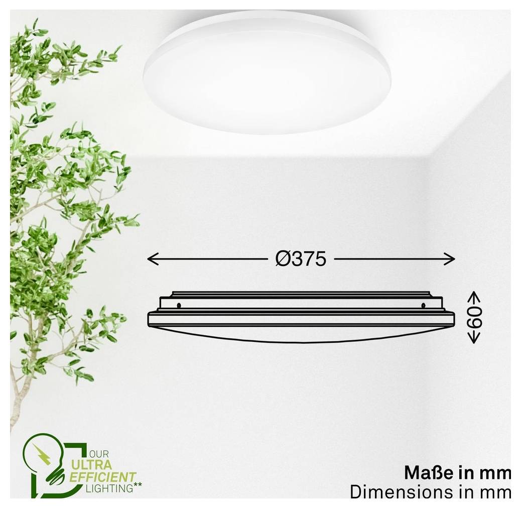 Deckenleuchten-Dimensionszeichnung mit einer runden Leuchte, 375 mm breit und 60 mm hoch, mit der Beschriftung „Maße in mm