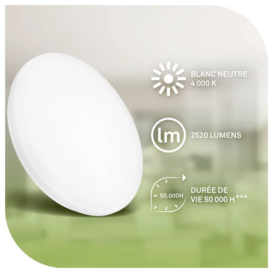 Weiße runde LED-Leuchte mit folgenden Spezifikationen: neutralweiß 4000 K, 2520 Lumen und Lebensdauer von 50.000 Stunden.