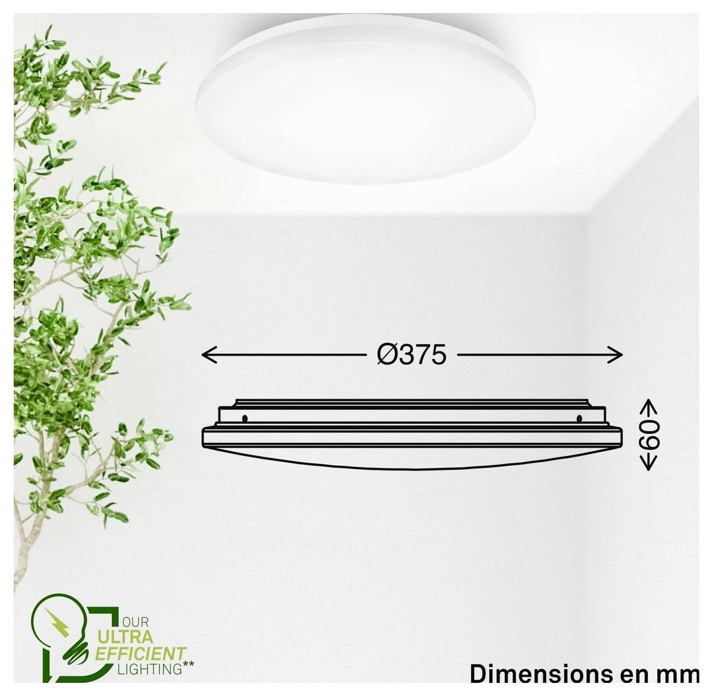 Deckenleuchten-Abmessungsdiagramm, das eine runde Leuchte zeigt, 375 mm breit und 69 mm hoch, mit der Bezeichnung „Abmessungen in mm