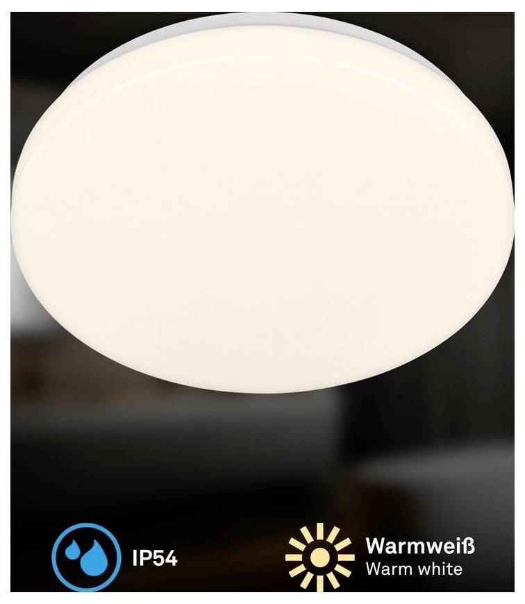 Deckenleuchte rund mit mattweißem Diffusor, gekennzeichnet mit 'IP54' und 'Warmweiß / Warm white'.