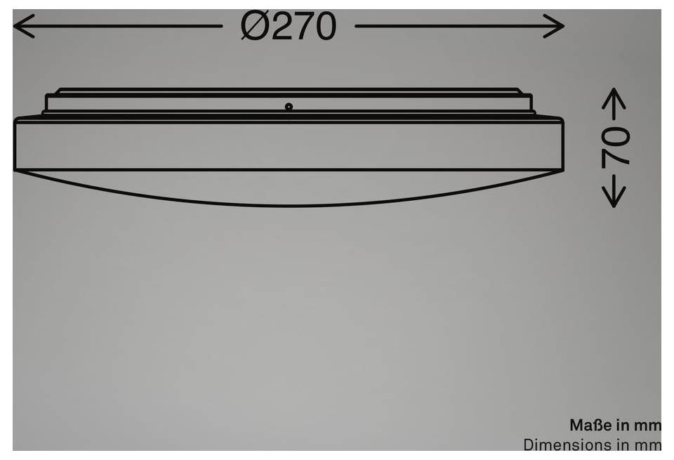 Technische Zeichnung einer runden Deckenleuchte, gekennzeichnet mit Ø270 mm Breite und unter 70 mm Höhe, mit Abmessungen in Millimetern markiert.