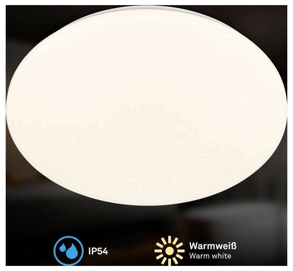 Runde weiße Deckenleuchte mit IP54-Schutzart und Kennzeichnung „Warmweiß/Warm white