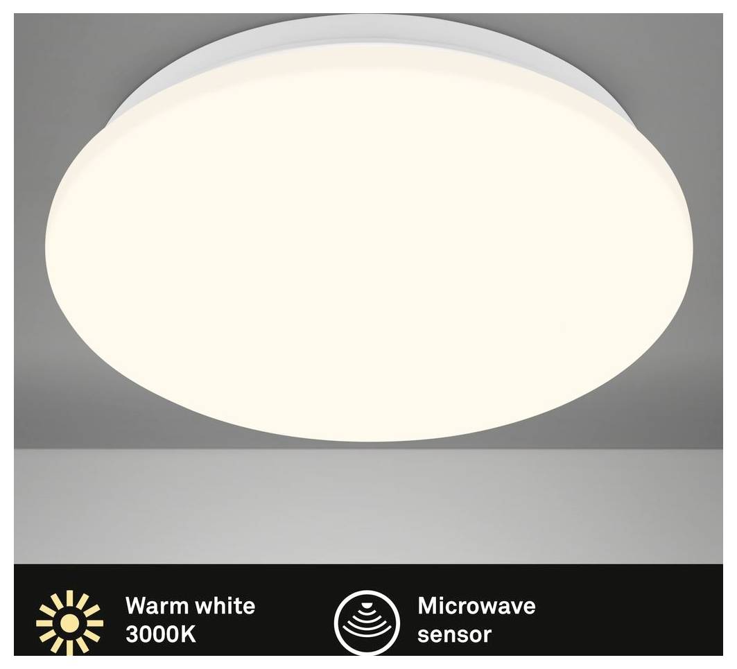 Runde Deckenleuchte mit warmweißer 3000K Beleuchtung und integriertem Mikrowellensensor.