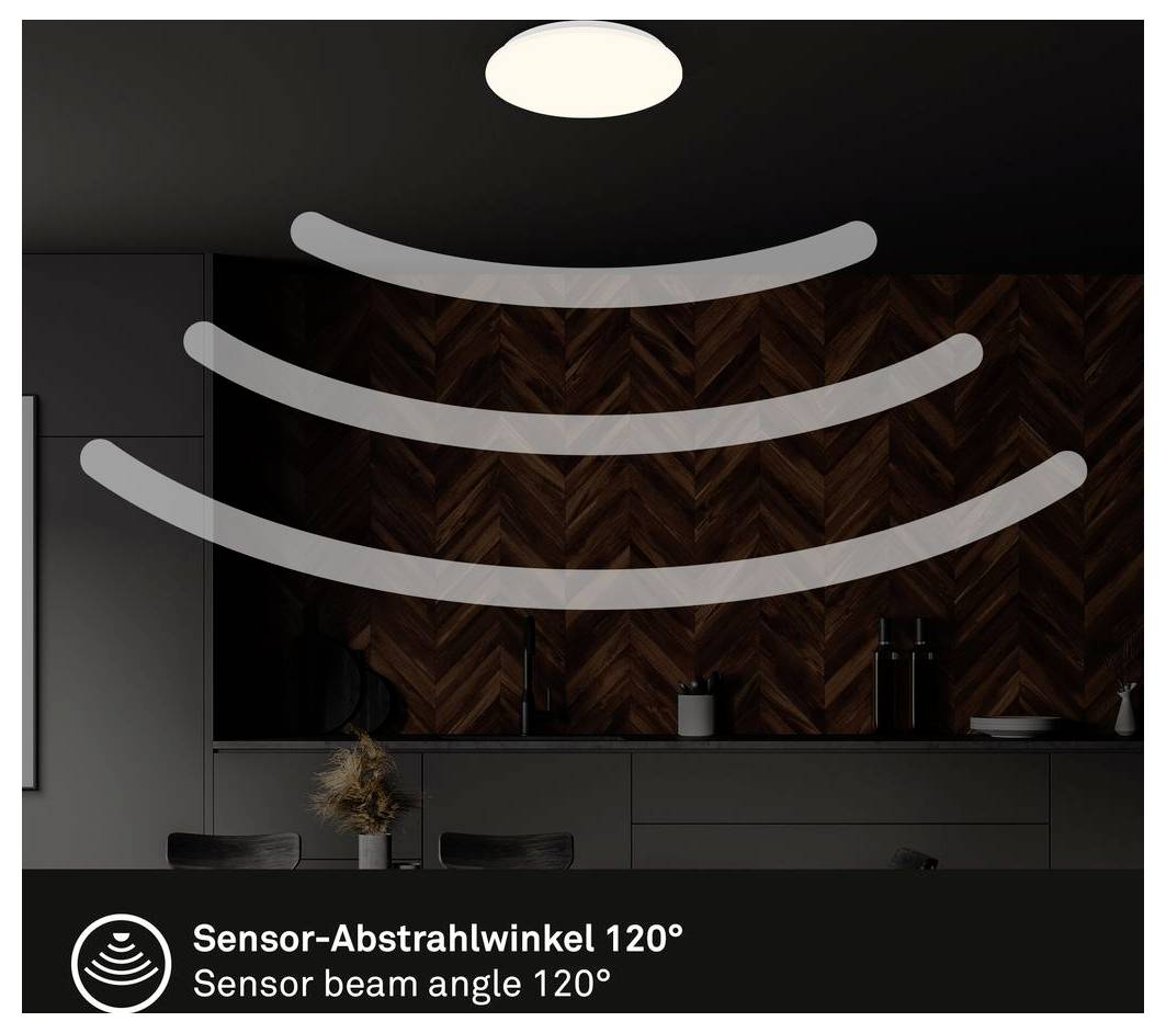 Illustration eines Küchendeckensensorlichts mit einem 120°-Sensorerfassungswinkel, mit drei gekrümmten Erfassungsbogen und dem Text „Sensorerfassungswinkel 120°