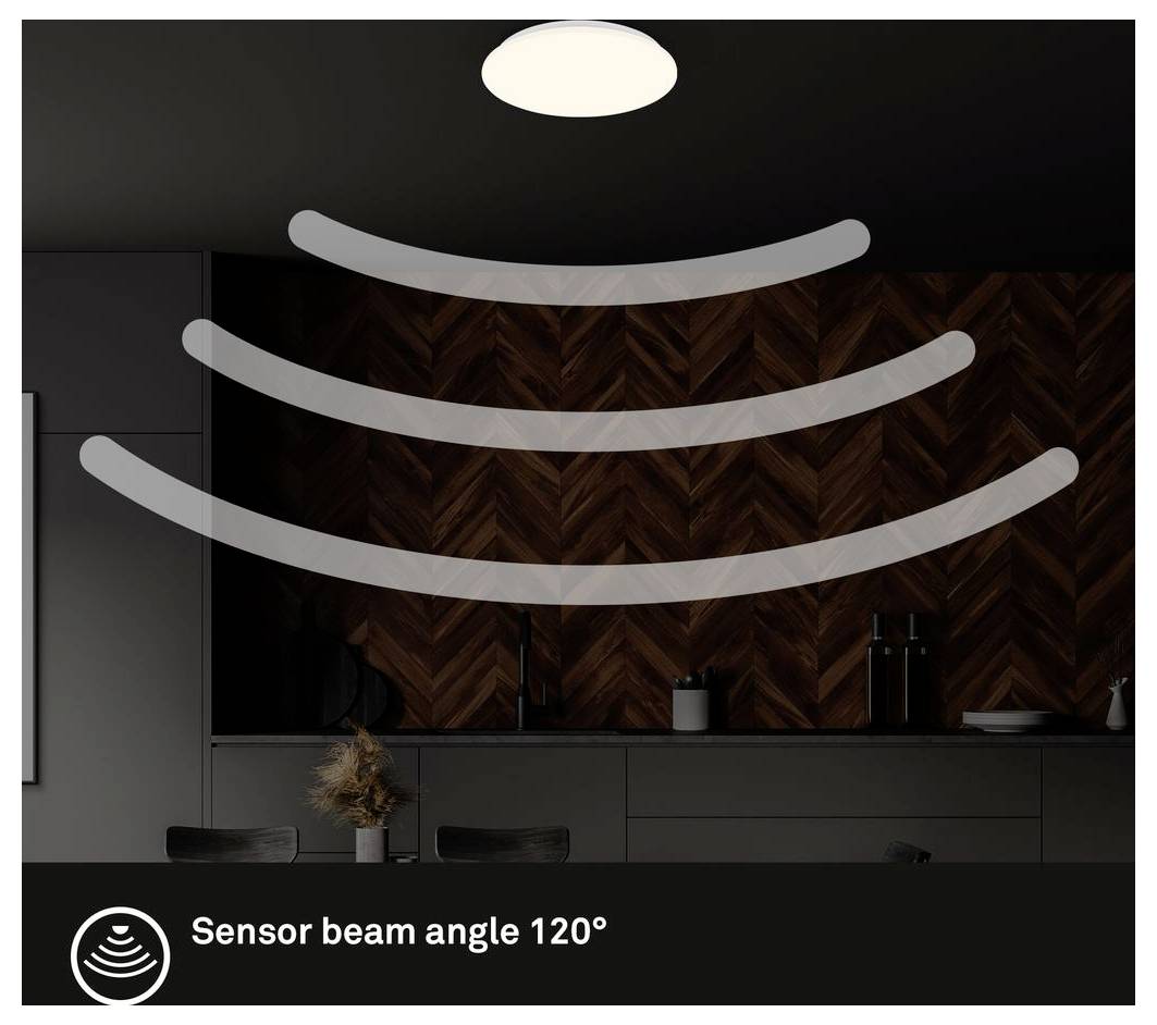 Illustration eines Deckenstellersensors mit drei breiten Erfassungsbögen, beschriftet mit 