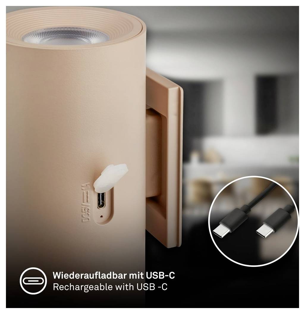 Beige wiederaufladbares Gerät mit USB-C-Ladeanschluss und Kabel in der Vergrößerung gezeigt; beschriftet mit „Wiederaufladbar mit USB-C