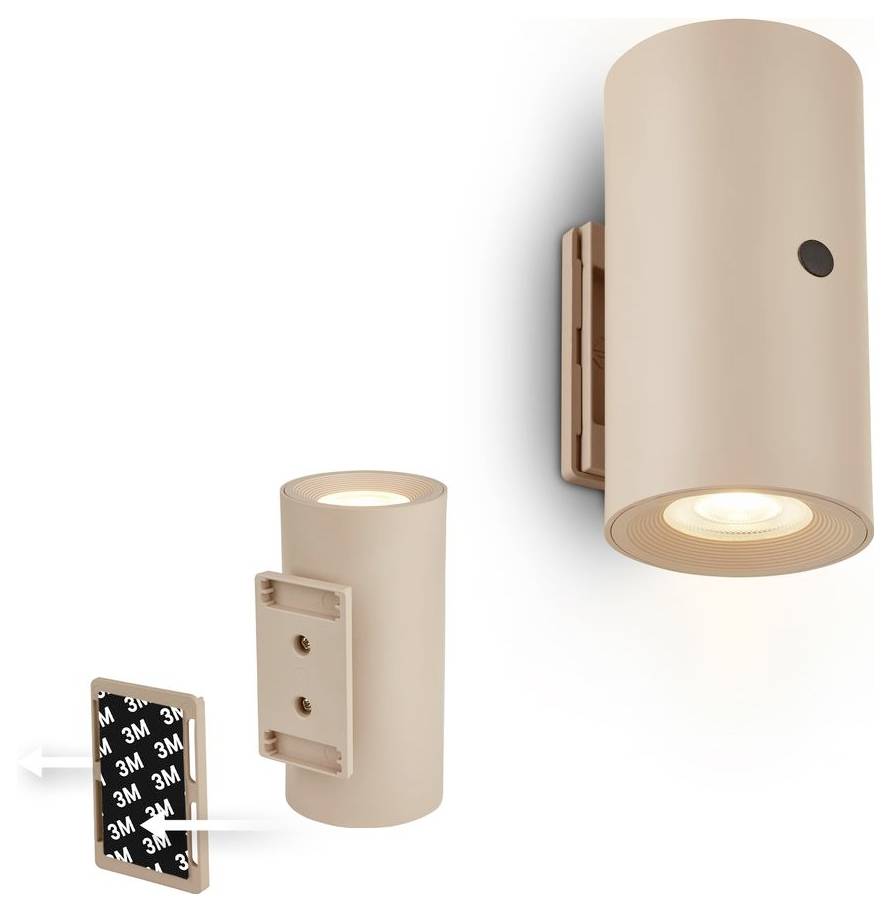 Beige zylindrische Wandleuchte mit Montageklammer und 3M-Klebepad, dargestellt als Installationsdiagramm, mit einer montierten und leuchtenden Wandleuchte.