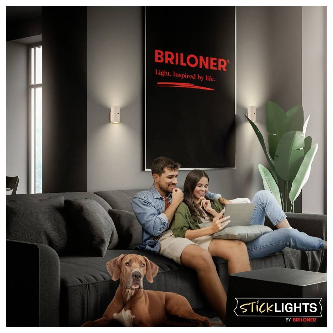 Ein Paar entspannt sich auf einem Sofa mit einem Hund in einem modernen Wohnzimmer, mit BRILONER und STICKLIGHTS Branding an der Wand und dem Tisch.