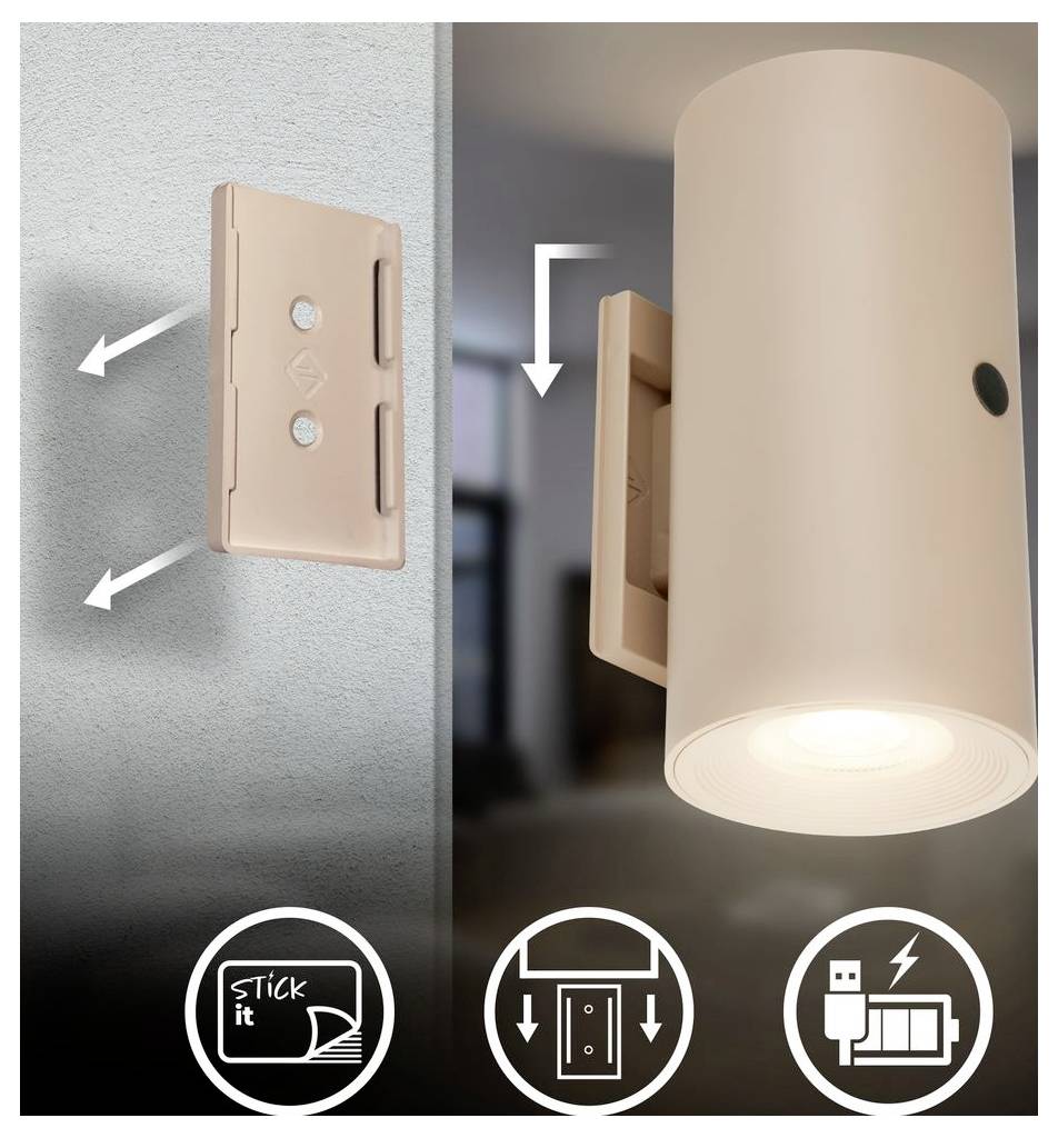 Wandmontierte zylindrische Leuchte mit abnehmbarer magnetischer Befestigungsplatte, dargestellt als dreiteilige Installation mit Pfeilen und Symbolen.