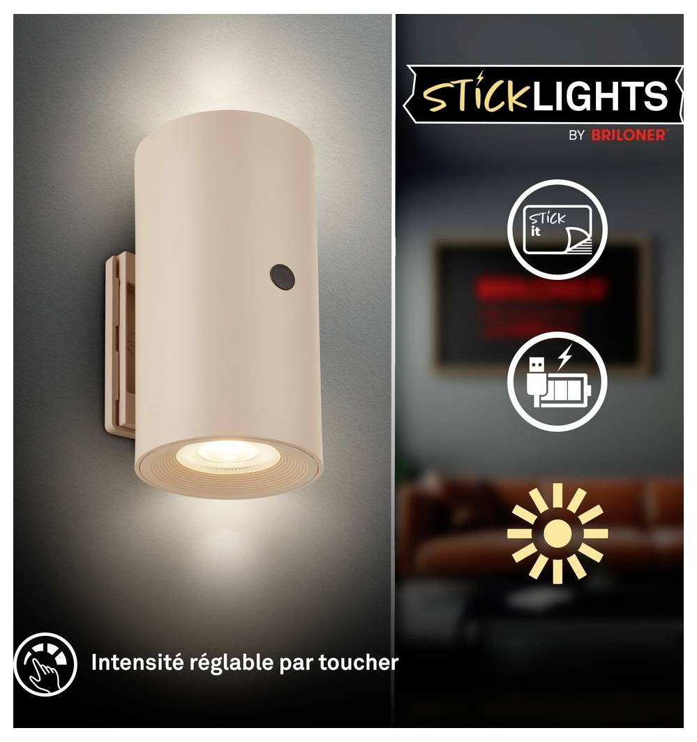 Produkt-Anzeige für eine wandmontierte StickLights von Briloner Leuchte mit verstellbarer Touch-Dimmung; zeigt eine beige zylindrische Wandleuchte und Symbole für einfache Klebemontage und Batteriebetrieb.
