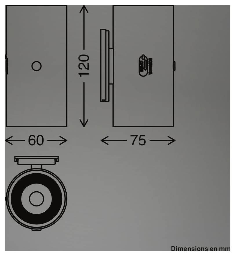 Technische Zeichnung eines rechteckigen Geräts, dargestellt in mehreren Ansichten, mit beschrifteten Abmessungen von 120 mm Höhe, 75 mm Breite und 60 mm Breite, plus eine kreisförmige Draufsicht.