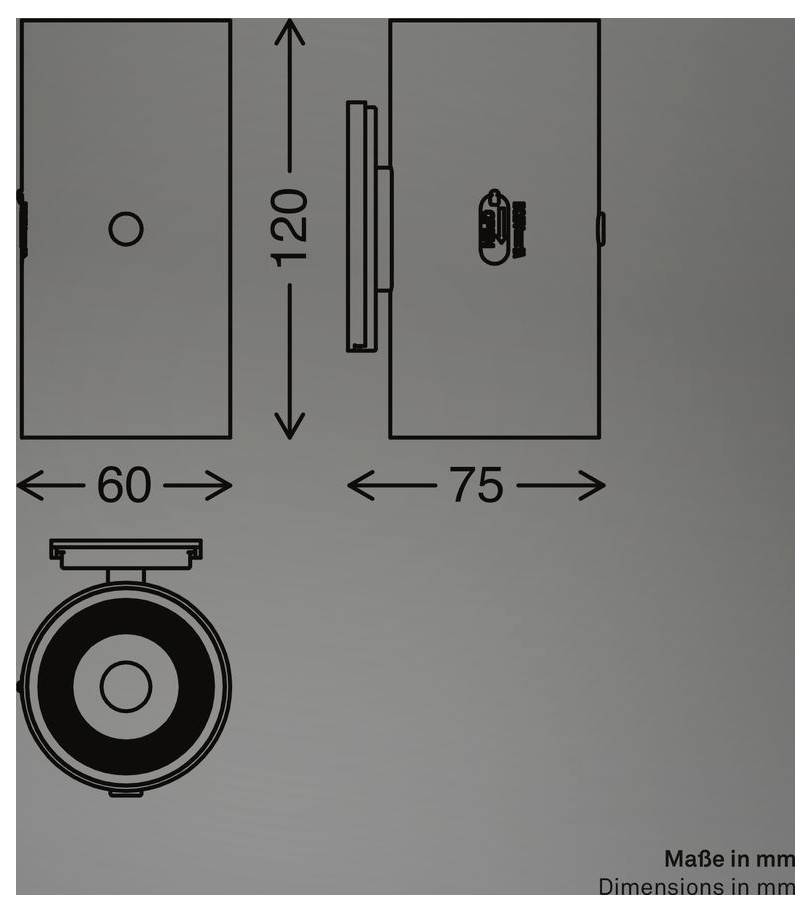 Technische Zeichnung eines rechteckigen Schranks oder Panels mit einer kreisförmigen Aussparung, zeigt Abmessungen von 60 mm, 75 mm und 120 mm, plus eine Draufsicht einer runden Komponente.