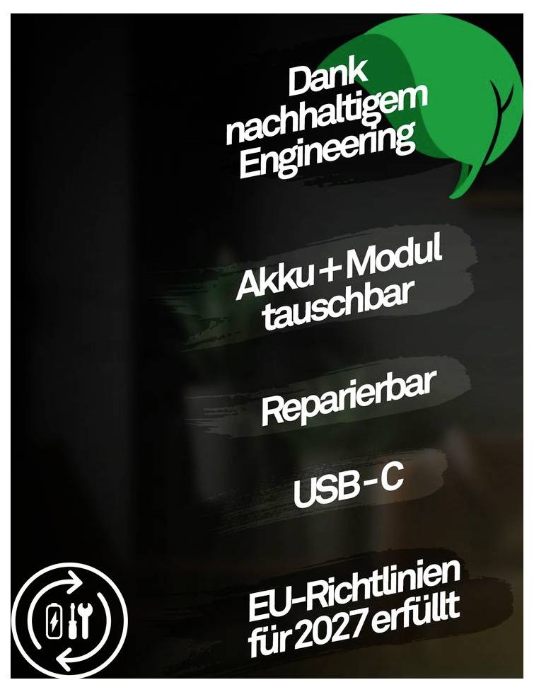 Dank nachhaltigem EngineeringAkku + Modul tauschbarReparierbarUSB-CEU-Richtlinien für 2027 erfüllt