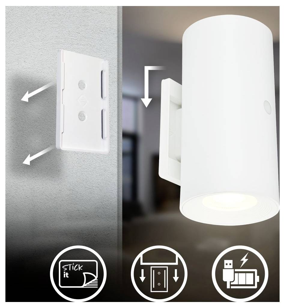 Illustration einer wandmontierten Leuchte, die mit einer Klebebracket befestigt ist, mit Pfeilen, die Installation und Symbolen für Klebemontage, Schiebehalterung und USB-Stromversorgung zeigen.