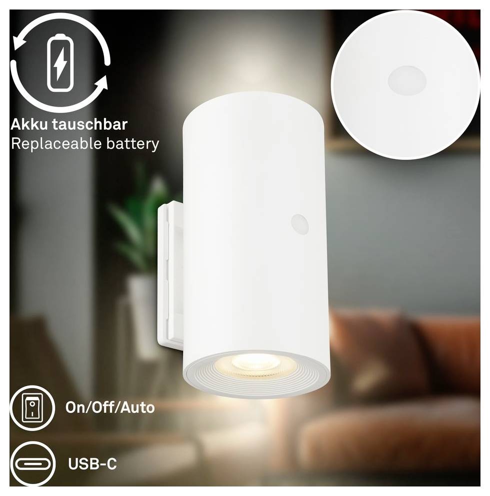 Weiße aufladbare Wandleuchte mit austauschbarem Akku, Ein-/Aus-/Automatikregelung, USB-C-Aufladung, gezeigt in einem Wohnzimmer