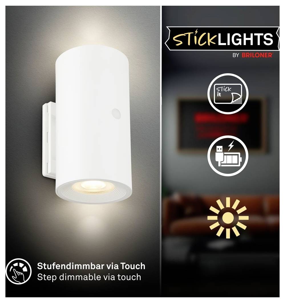 Wandleuchte mit LED-Technologie in Weiß, zur Wandmontage, mit Touchsteuerung und stufenlos dimmbarer Beleuchtung; enthält die Markenbezeichnung 'STICKLIGHTS by BRILONER' sowie Symbole für einfache Klebemontage.