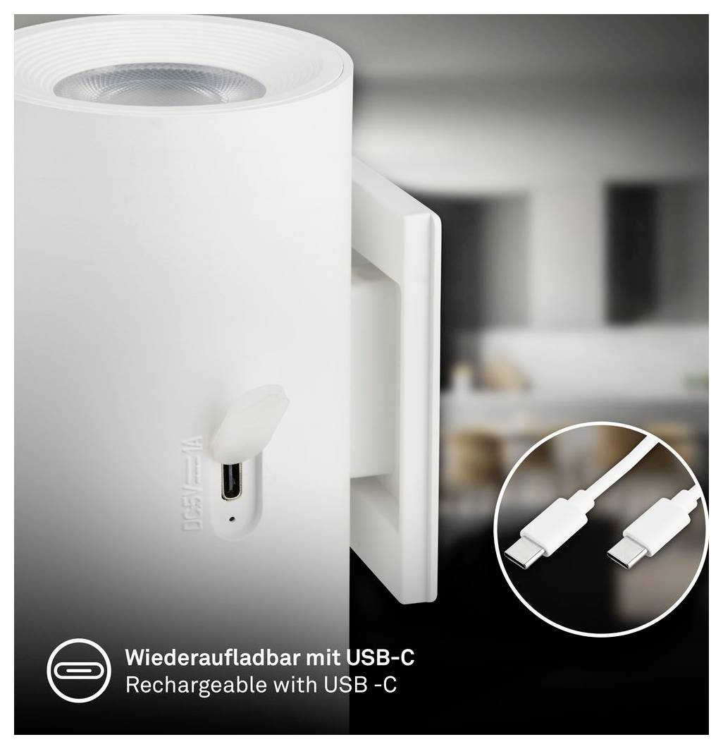 Weißes wiederaufladbares Gerät mit USB-C-Ladeanschluss, aufgeklappt dargestellt, mit Vergrößerung des USB-C-Kabels und Text „Wiederaufladbar mit USB-C / Rechargeable with USB-C