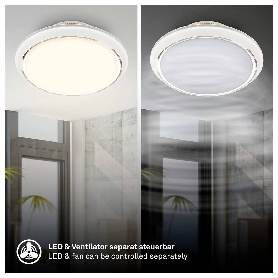Split-View-Badezimmerdeckenleuchte mit eingebautem Ventilator; links zeigt helle LED-Beleuchtung, rechts zeigt aktive Belüftung. Text: 'LED & Ventilator separat steuerbar' und 'LED & Ventilator können separat gesteuert werden'.