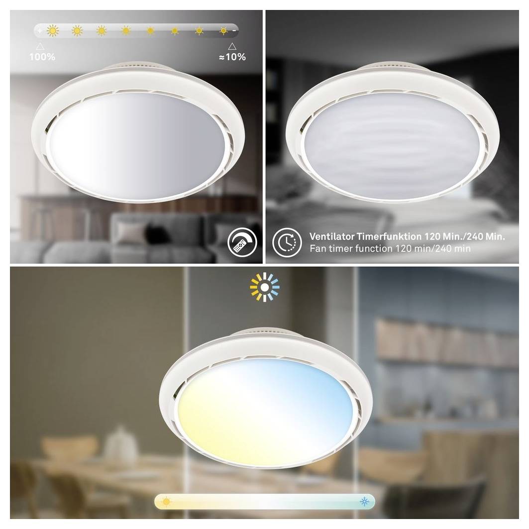 Werbegrafik einer runden Deckenleuchte mit verstellbarer weißer, gedimmter und farbiger Beleuchtung, die Helligkeit von 100% bis 10% und eine Ventilator-Timer-Funktion von 120/240 Minuten zeigt.