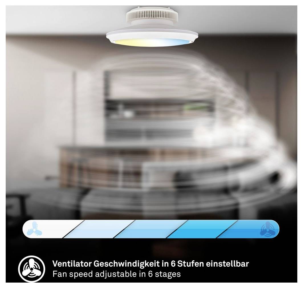 Deckenventilator mit unscharfem Luftstrom, zeigt sechs verstellbare Ventilatorgeschwindigkeitsstufen auf einem blauen Schieberegler und zweisprachigen deutschen und englischen Text.