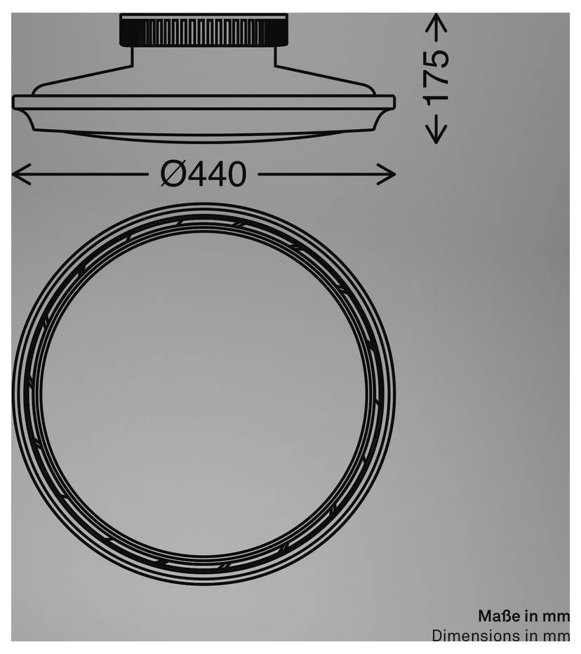 Technische Maßstabzeichnung einer runden Vorrichtung mit Draufsicht und Vorderansicht mit den Abmessungen Ø440 mm und 175 mm, beschriftet mit „Abmessungen in mm