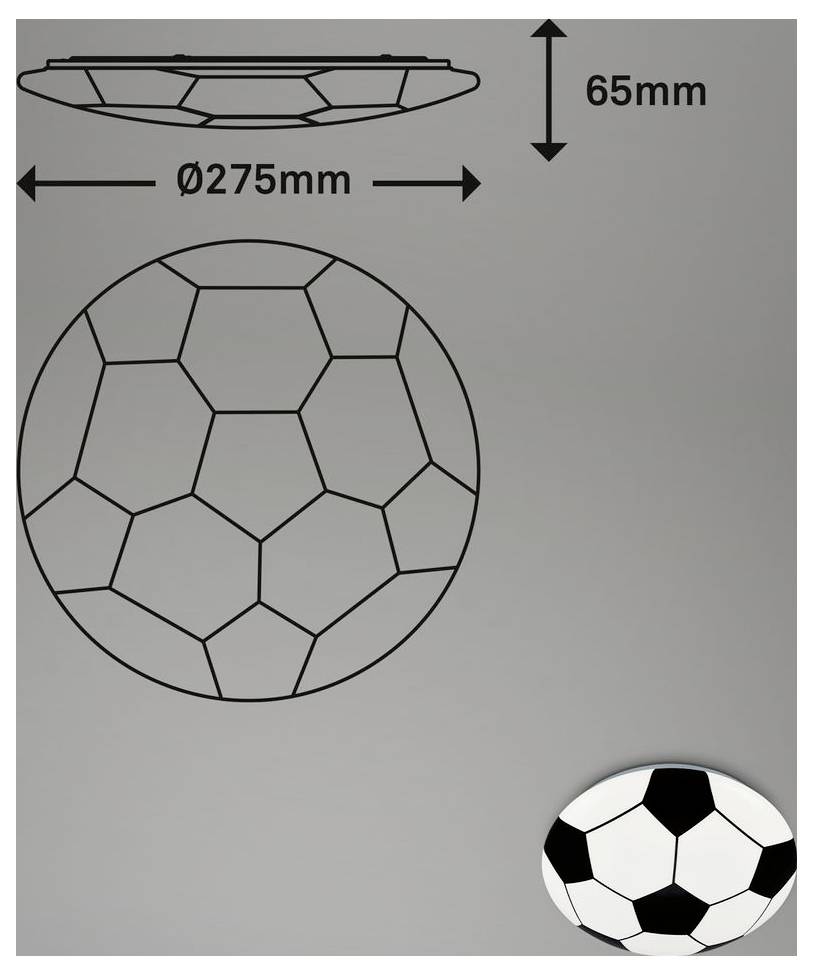 Diagramm eines Layouts von Fußballpanelen einer Kugel mit Beschriftung 275 mm Durchmesser und 65 mm Höhe, mit einer kleinen Ballvorschau in der Ecke.