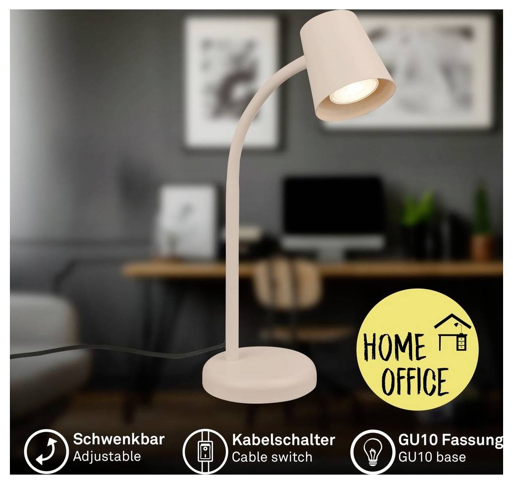 Rosa verstellbare Schreibtischlampe mit geschwungenem Hals und GU10-Fassung in einem Homeoffice; die Beschriftungen lauten „Verstellbar