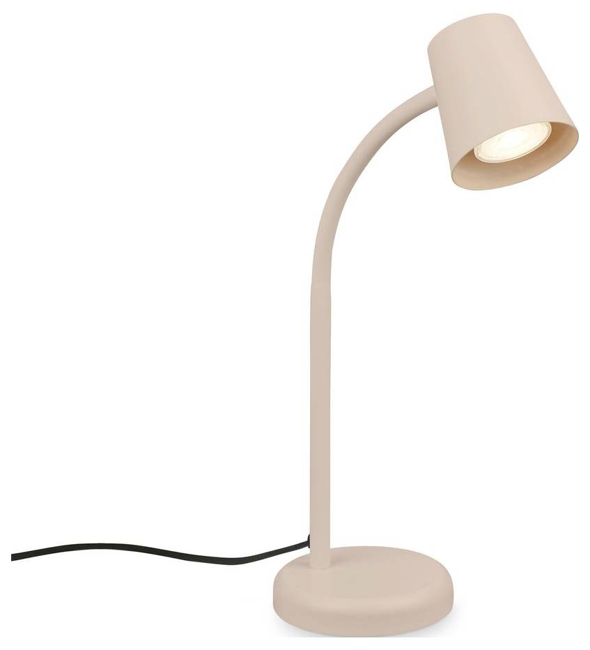 Beige moderne Schreibtischlampe mit geschwungenem Hals, rundem Fuß und schwarzem Stromkabel auf weißem Hintergrund.