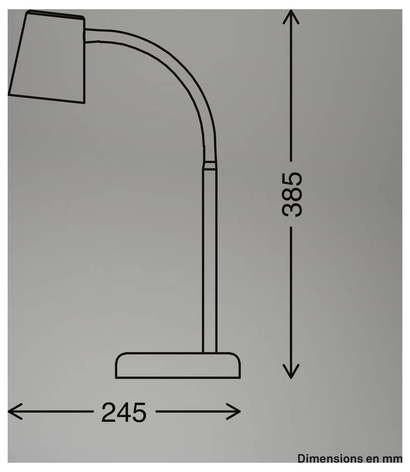 Dimensionierte Seitenansicht einer gebogenen Lampe oder Leuchte, 385 mm hoch und 245 mm breit, dargestellt mit Messpfeilen.