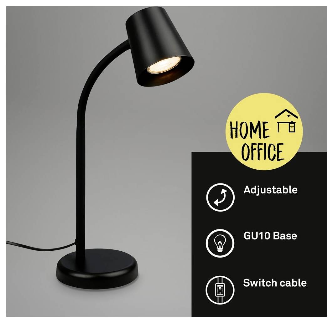 Schwarze verstellbare Schreibtischleuchte mit GU10-Fassung und Schaltkabel, mit der Bezeichnung „Home Office