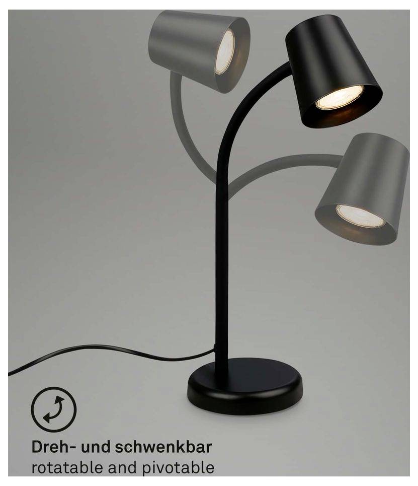 Schwarze dreiköpfige verstellbare Schreibtischlampe mit rotierenden Spotlights; Text sagt „Dreh- und schwenkbar