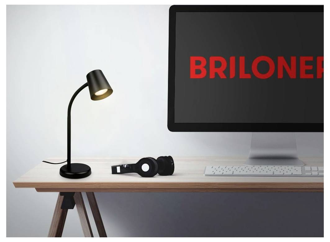 Schreibtisch mit Lampe, Kopfhörern, Tastatur und Computermonitor, auf dem das rote Wort „BRILONER