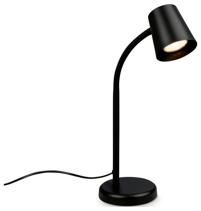 Schwarze verstellbare Schreibtischlampe mit geschwungenen Arm und leuchtenden Schirm auf rundem Sockel, gezeigt mit ihrem Stromkabel