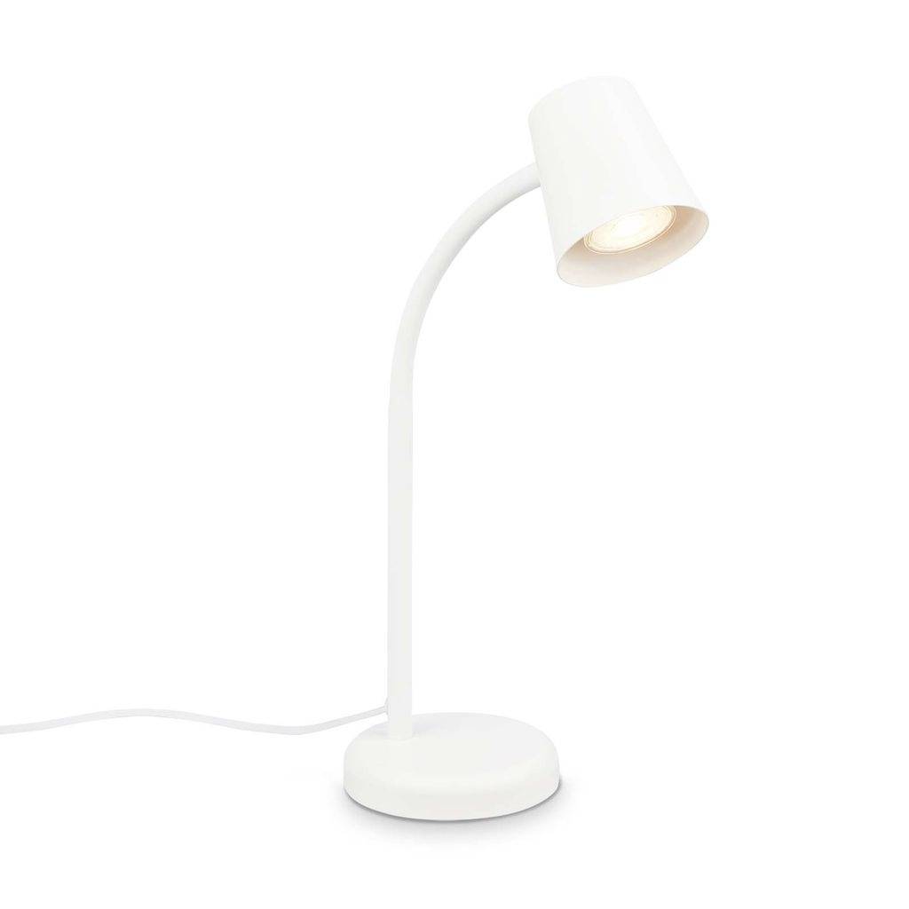 Weiße Schreibtischlampe mit geschwungenem Hals und leuchtenderem Schirm auf rundem Sockel vor weißem Hintergrund.