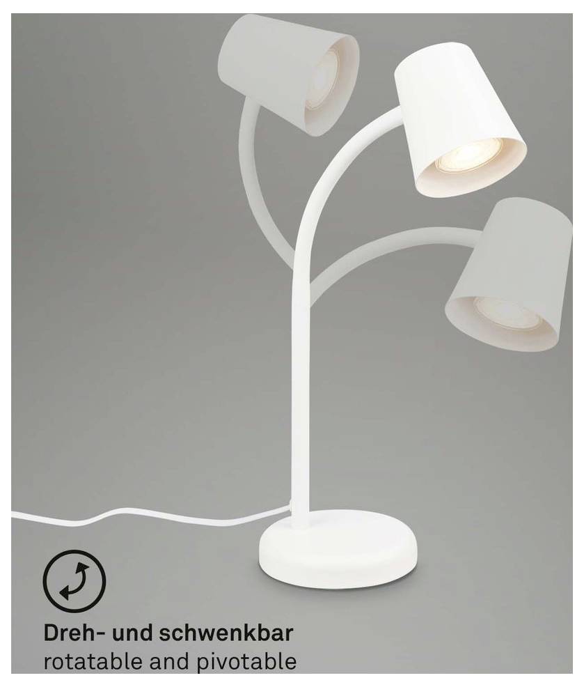 Weiße dreiköpfige verstellbare Schreibtischlampe auf rundem Sockel, mit einem eingeschalteten Licht; die Beschriftung lautet „Dreh- und schwenkbar