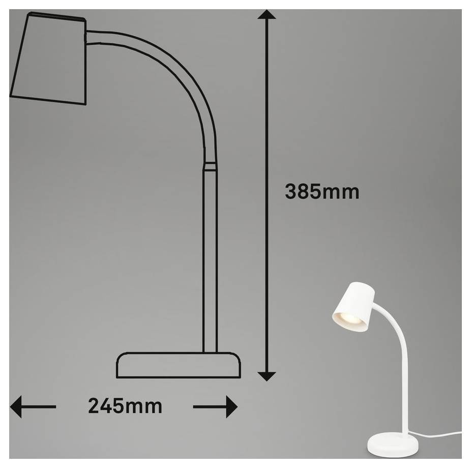 Diagramm einer weißen Schreibtischlampe mit Abmessungen: 385 mm Höhe und 245 mm Breite, mit gebogenem Hals und rundem Sockel.