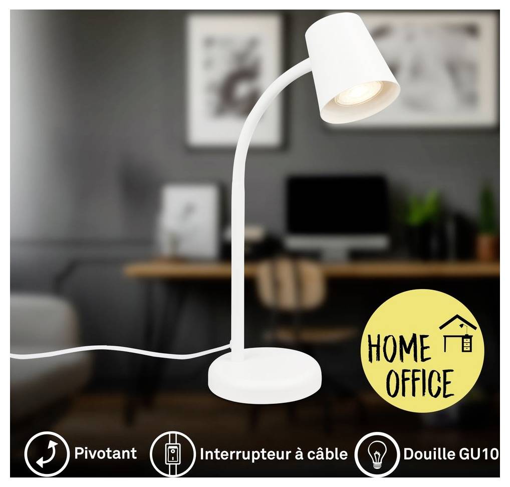 Weiße verstellbare Schreibtischlampe in einem Homeoffice mit Schnurschalter und GU10-Sockel; 