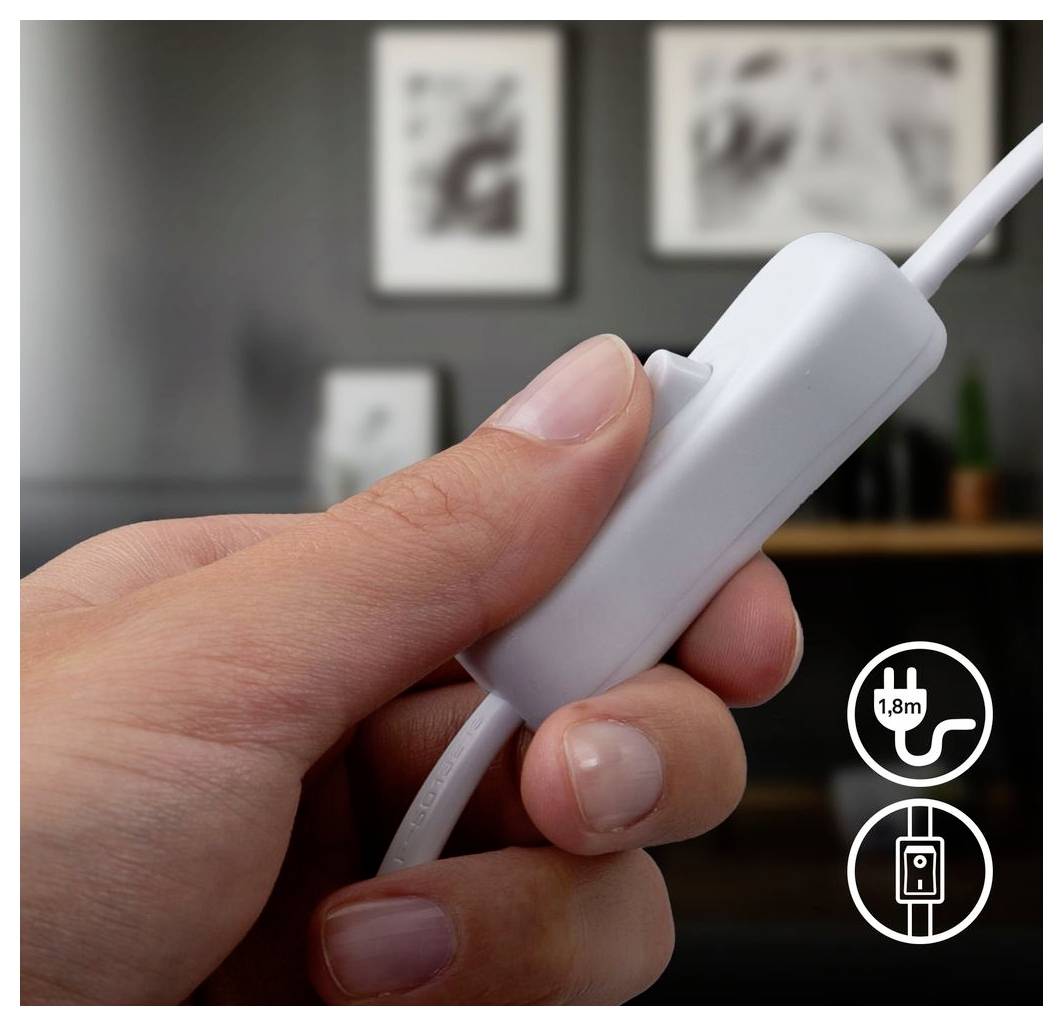 Nahaufnahme einer Hand, die ein weißes Kabel mit Inline-Stecker hält, mit Symbolen, die die Kabellänge von 1,8 m und die Steckerdetails anzeigen.