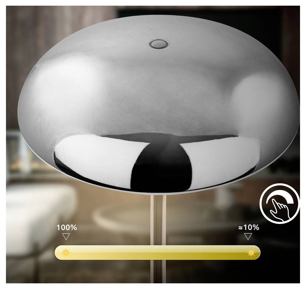 Nahaufnahme einer eleganten metallischen Lampe mit einem berührungsgesteuerten Dimmerschieber von 100% auf etwa 10%, mit einem Tippen-Symbol, das die Helligkeitsanpassung anzeigt.