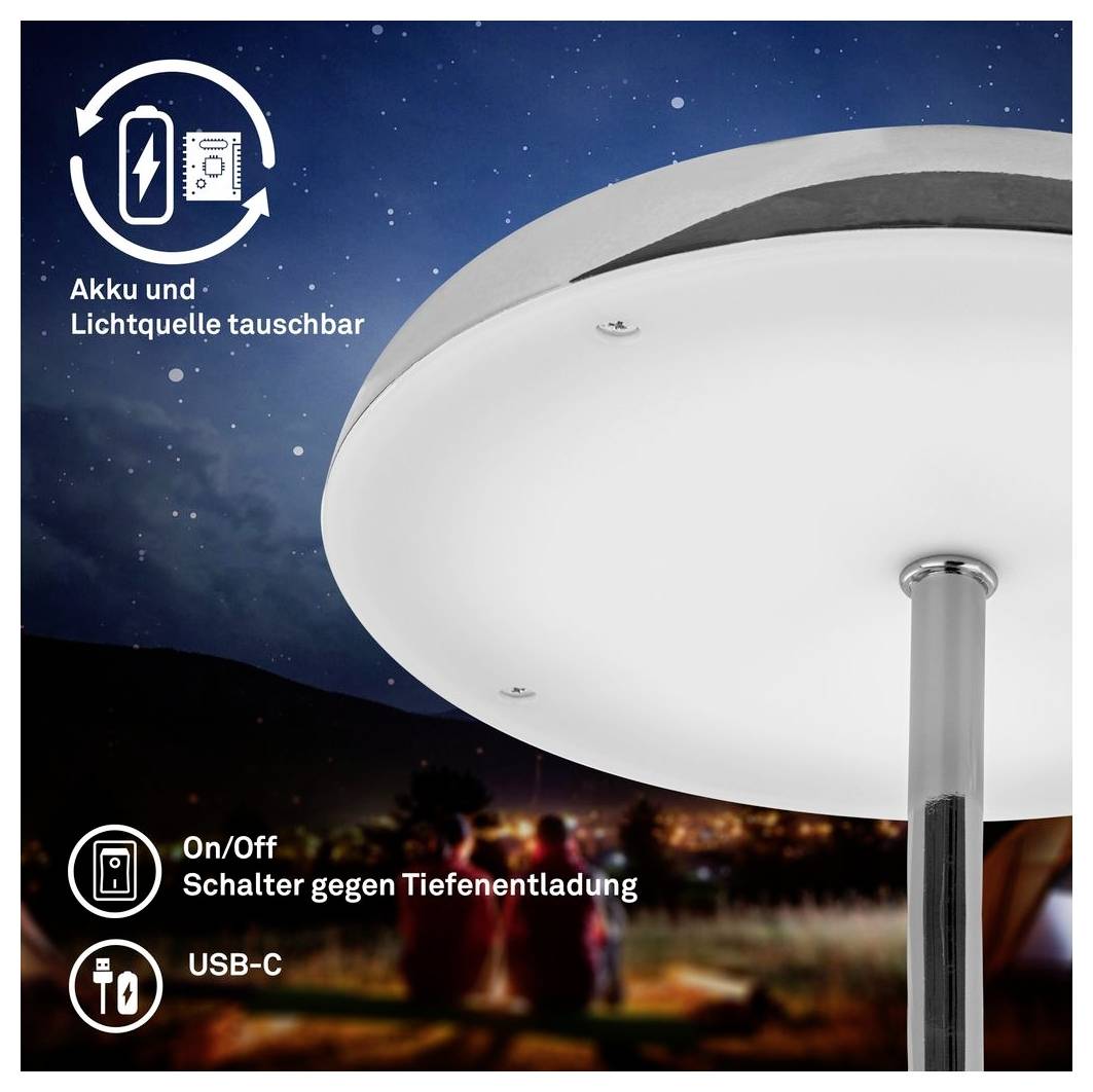 Tragbare weiße Disc-Lampe auf einem Mast mit wiederaufladbarem Akku und austauschbarer Lichtquelle; Textnotizen zu Ein-/Ausschalter gegen Tiefentladung und USB-C-Ladung.