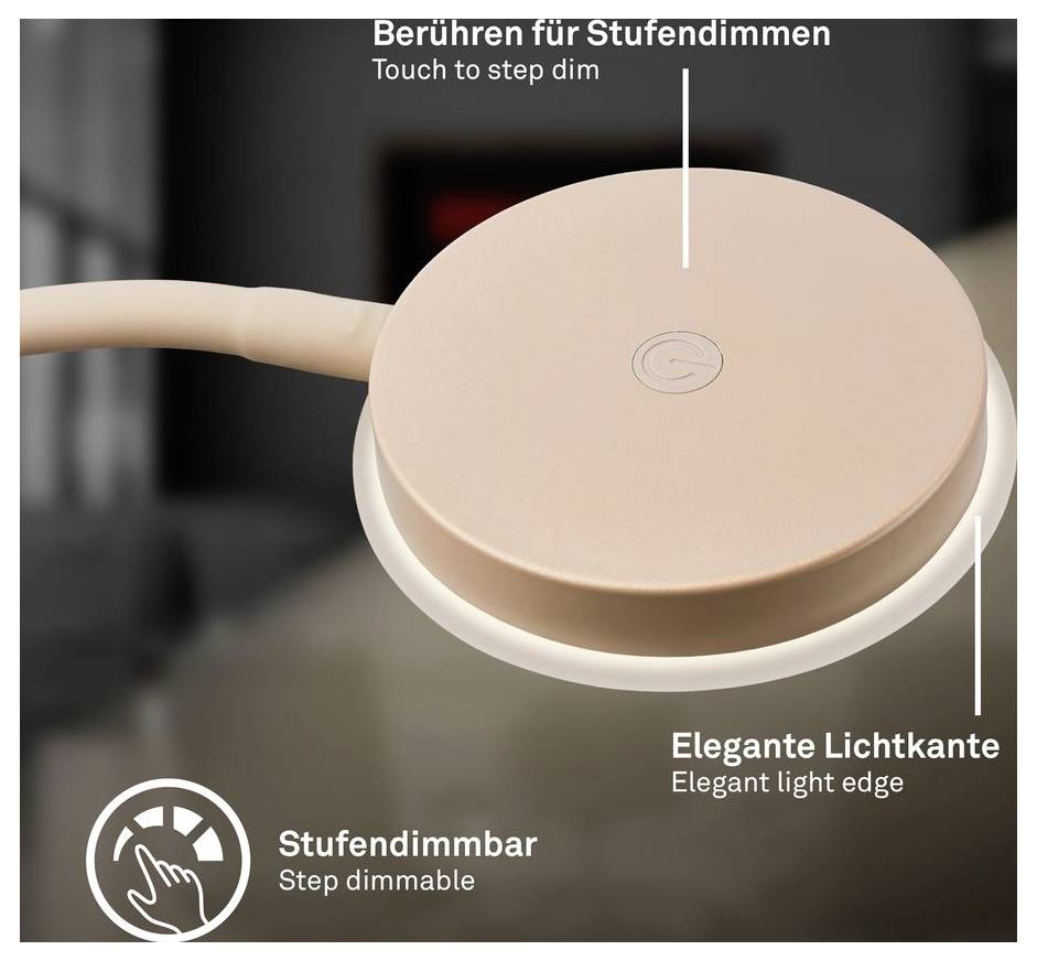 Nahaufnahme eines Touch-Dimmschalters mit den Beschriftungen „Zum schrittweisen Dimmen berühren