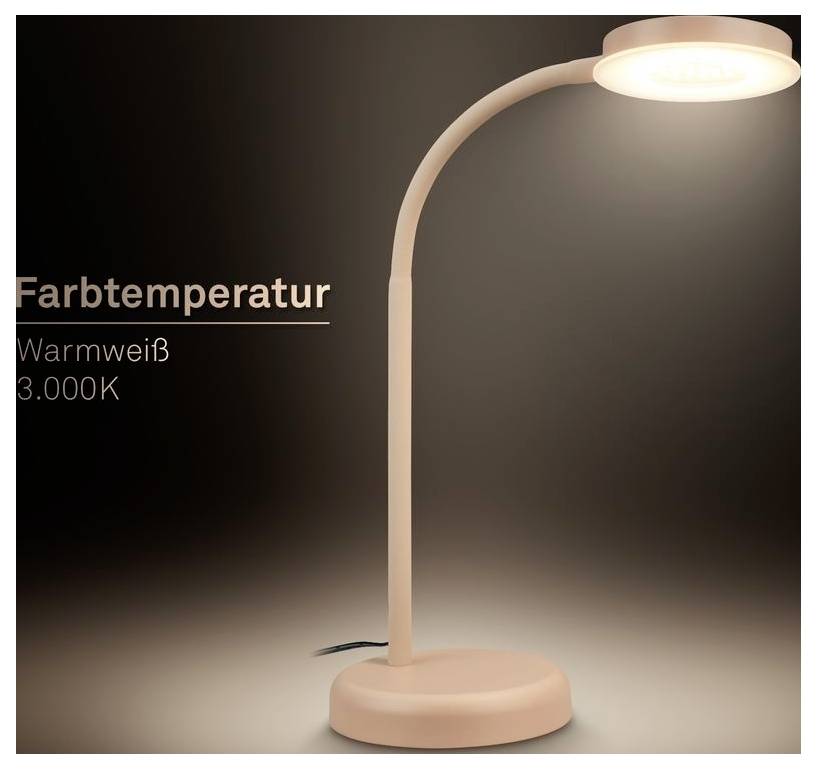 Rosa gebogene Schreibtischleuchte in warmweißem Licht beleuchtet, mit Text „Farbtemperatur